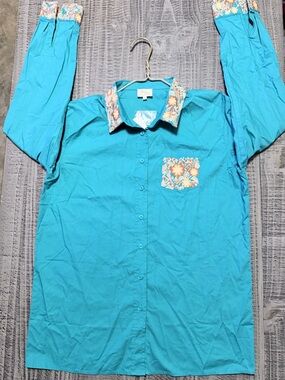 Women's Turquoise Button-Down Shirt with Floral Embroidery by Layers Clothing